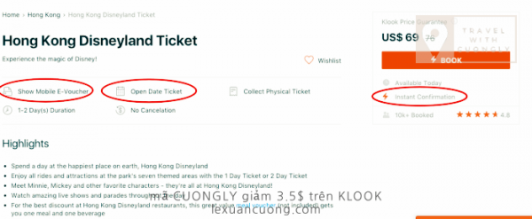 Vé HONGKONG Disney land, mã CUONGLY giảm giá 3,5$ trên KLOOK 