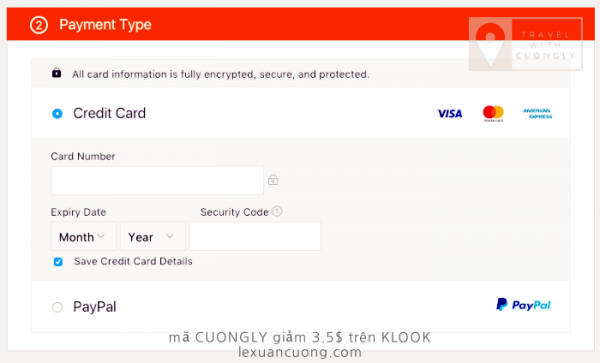 Thanh toán trên KLOOK bằng thẻ tín dụng