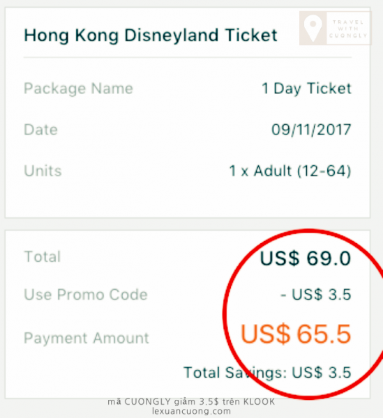 Phần vé đã được giảm 3.5$ khi thanh toán trên KLOOK.