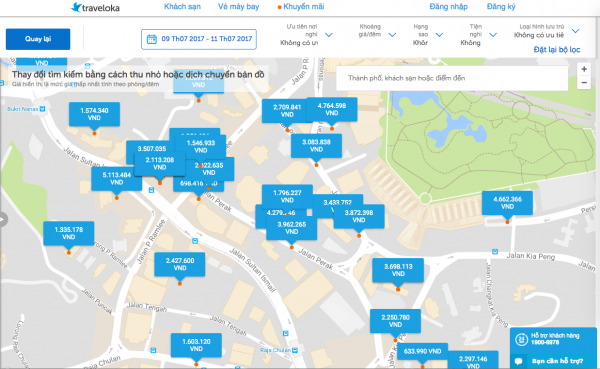 Bản đồ thể hiện giá tiền & khoảng cách các khách sạn/hostel trên Traveloka
