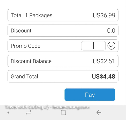 Thanh toán chi phí, ở đây mình còn 2,5$ do đã mua gói Sim4G sử dụng ở Hàn Quốc. Bạn mua Sim mới sẽ có sẵn 10$ chỗ này!