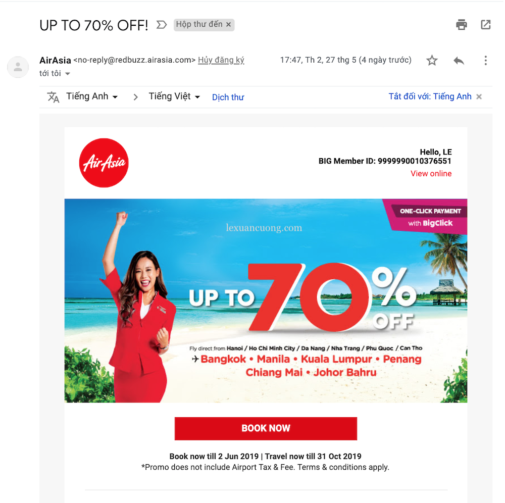 Email khuyến mãi từ Airasia, 1 hãng bay giá rẻ của Malaysia
